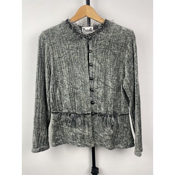 Vtg Treadle Design Room Gray Art To Wear Fringe Neckline Button Up Blouse Size M - Picture 1 of 7
